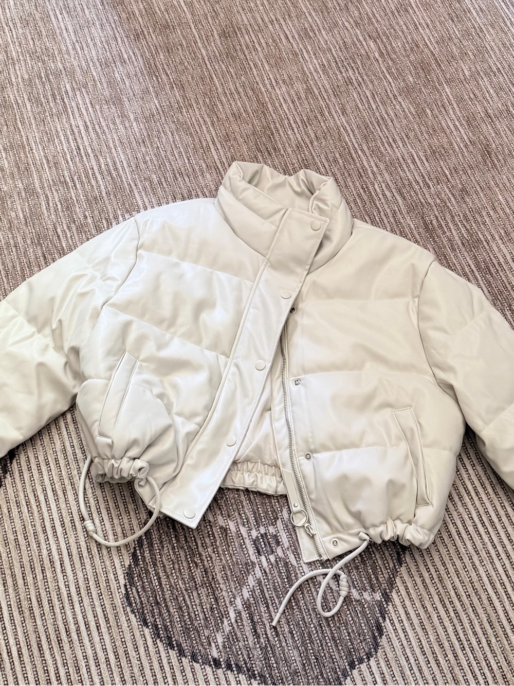 Love Tree Cream Cropped Puffer Jacket with Drawstring Hem